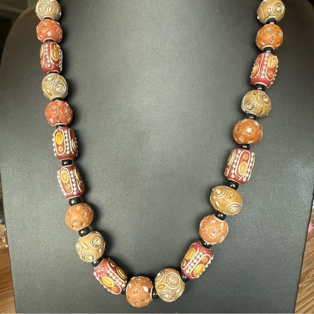 Tribal Boho Ethnic Ceramic Beaded Necklace 24” Long Earth Tone Colors Unique